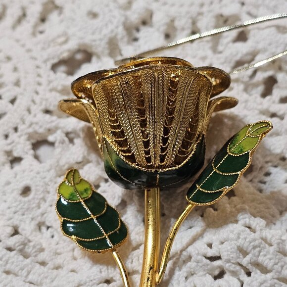 Vtg Gold Tone Filigree Rose Cloisonné Leaf 3D Rose Ornament - Picture 14 of 16